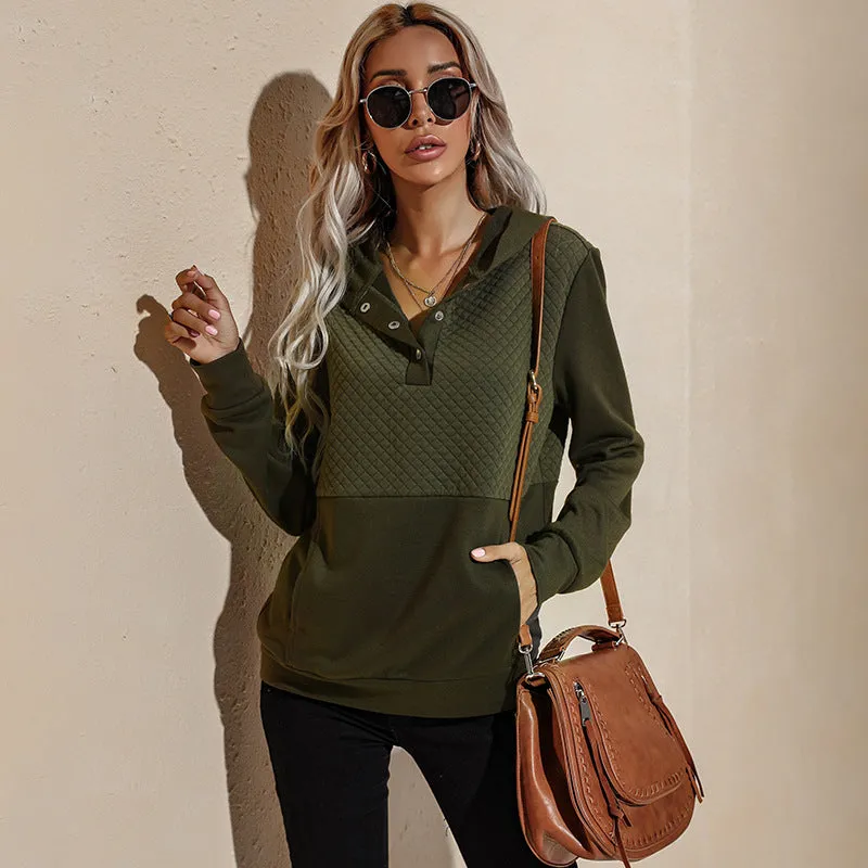 Quilted Panel Button-Up Long-Sleeve Hooded Sweatshirt