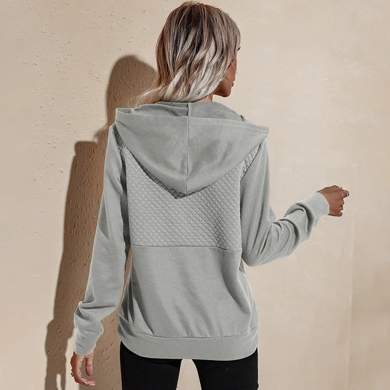 Quilted Panel Button-Up Long-Sleeve Hooded Sweatshirt