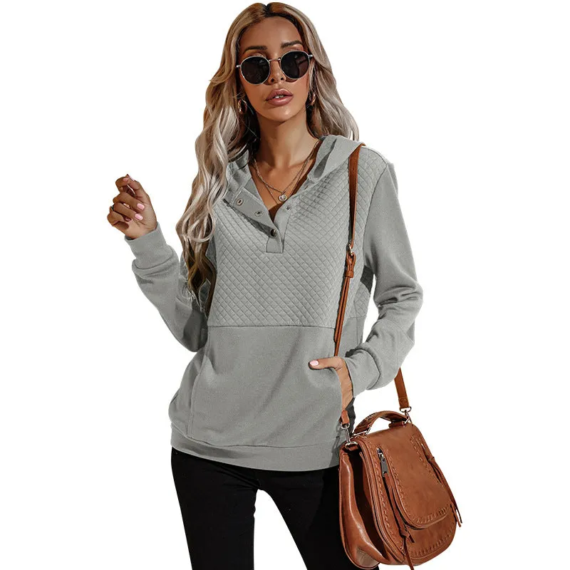 Quilted Panel Button-Up Long-Sleeve Hooded Sweatshirt