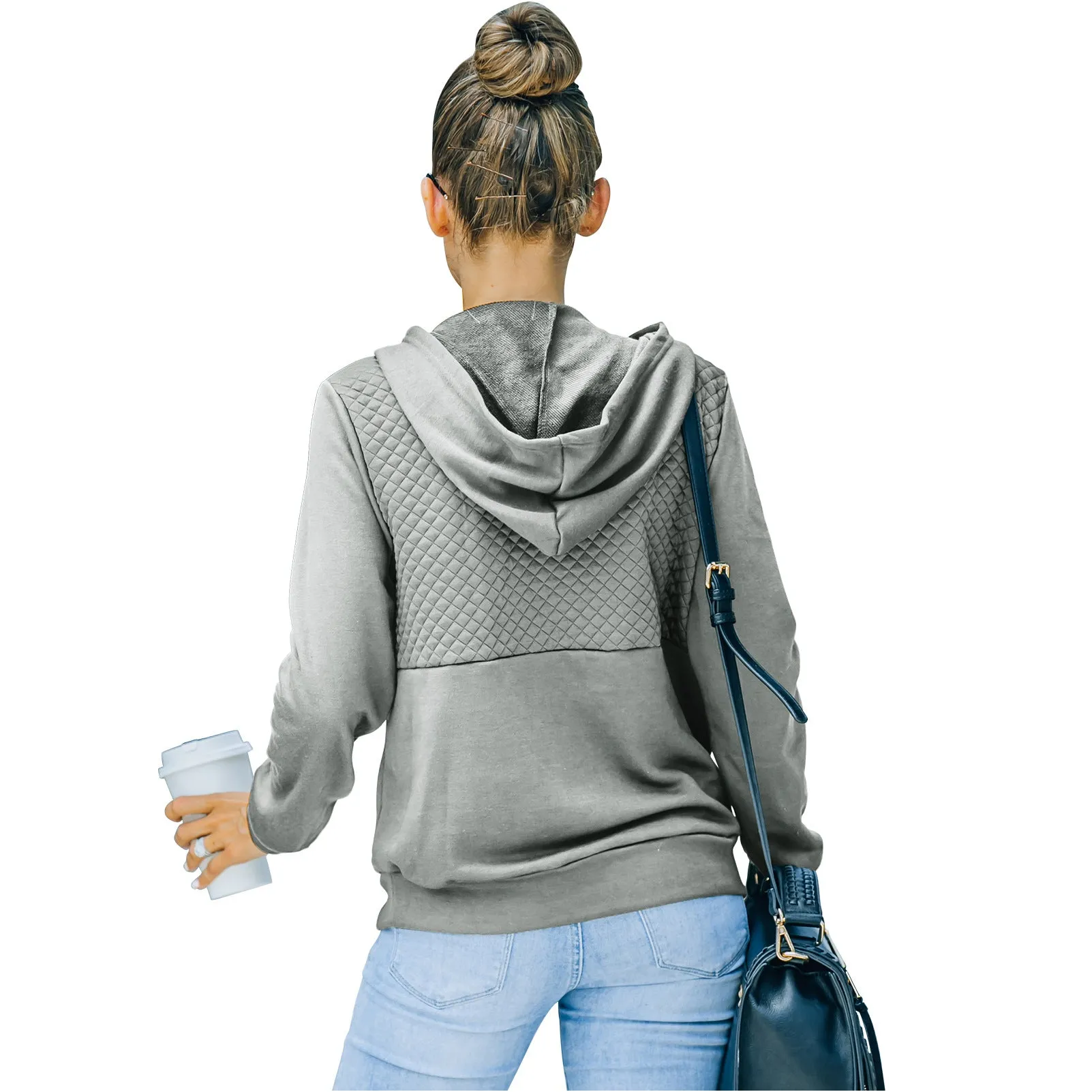 Quilted Panel Button-Up Long-Sleeve Hooded Sweatshirt