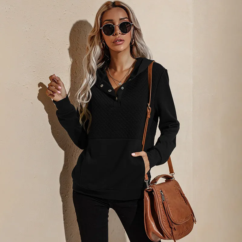 Quilted Panel Button-Up Long-Sleeve Hooded Sweatshirt