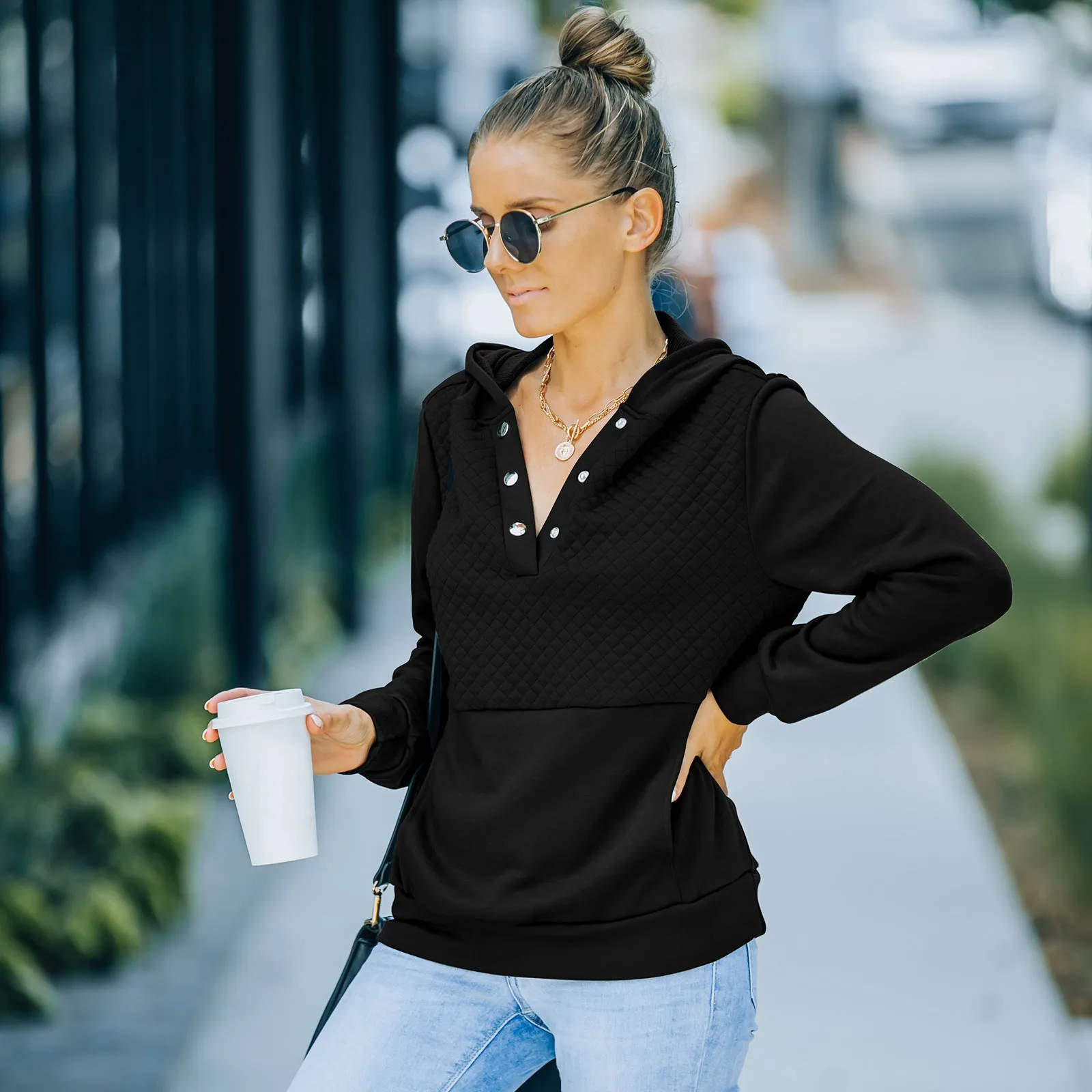 Quilted Panel Button-Up Long-Sleeve Hooded Sweatshirt
