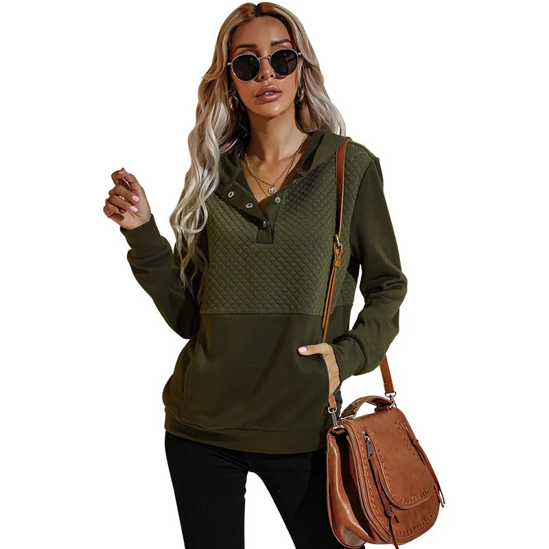 Quilted Panel Button-Up Long-Sleeve Hooded Sweatshirt