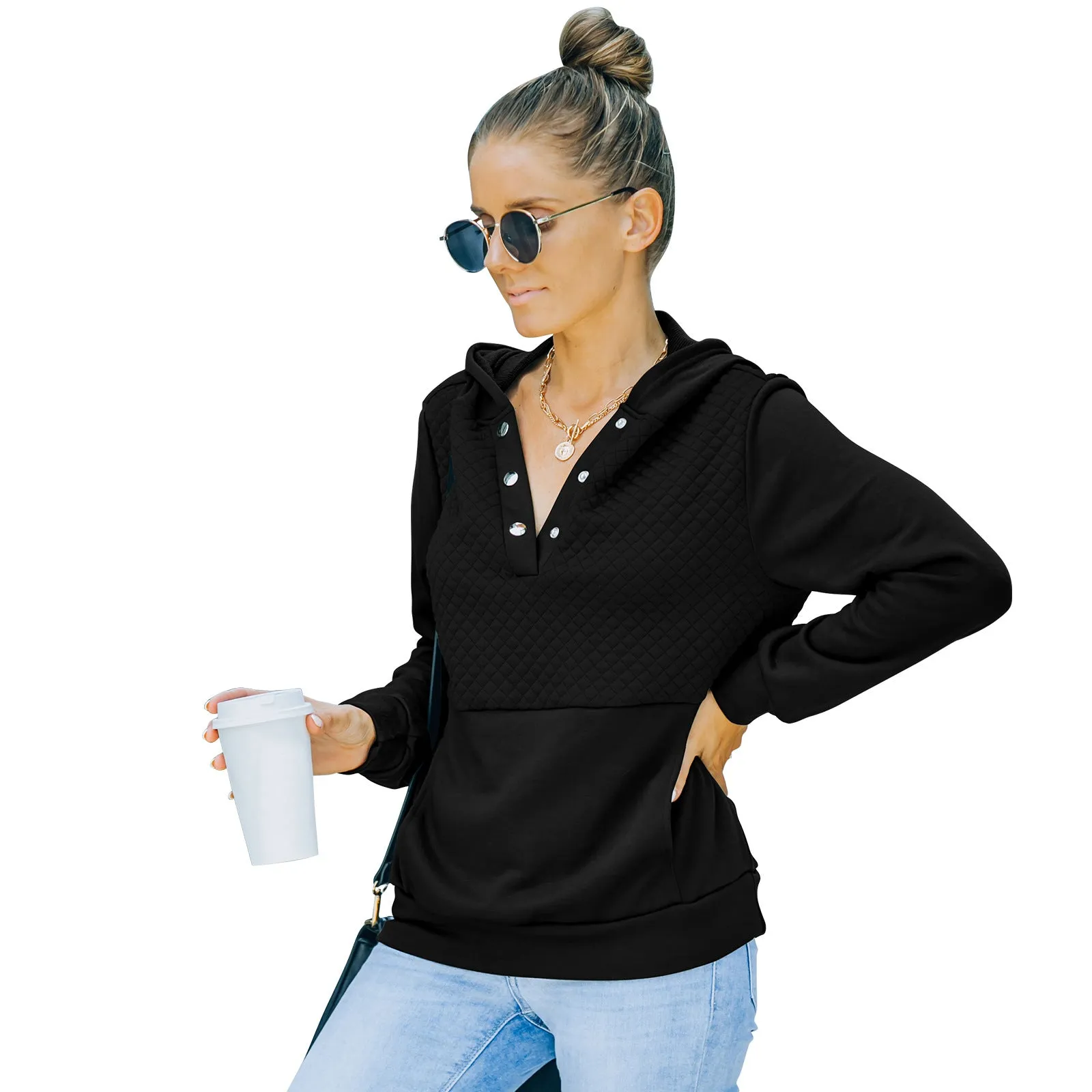 Quilted Panel Button-Up Long-Sleeve Hooded Sweatshirt