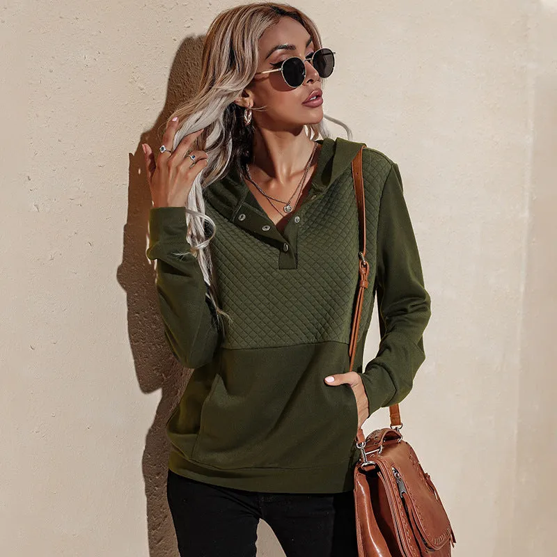 Quilted Panel Button-Up Long-Sleeve Hooded Sweatshirt