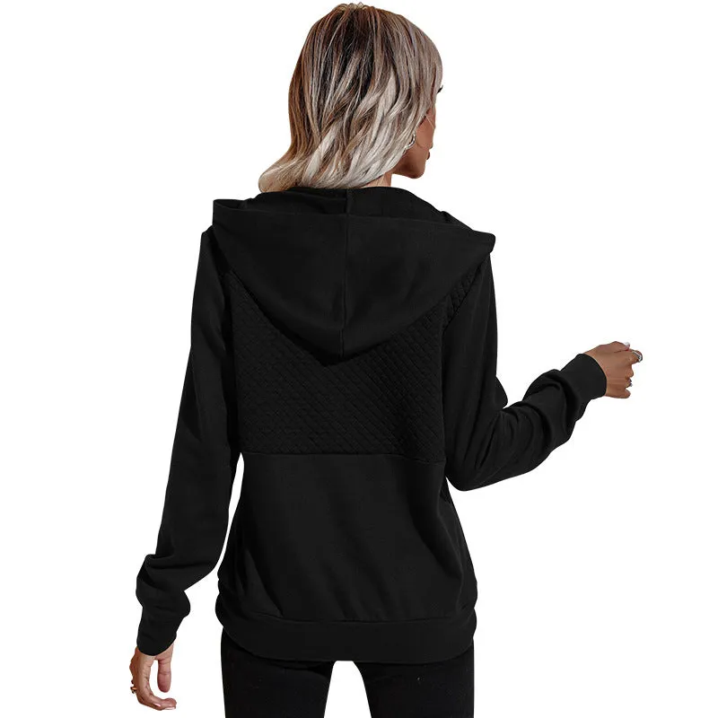Quilted Panel Button-Up Long-Sleeve Hooded Sweatshirt