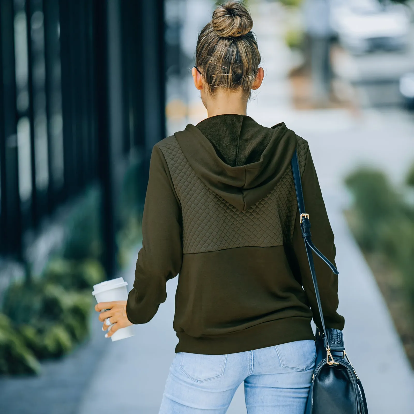 Quilted Panel Button-Up Long-Sleeve Hooded Sweatshirt