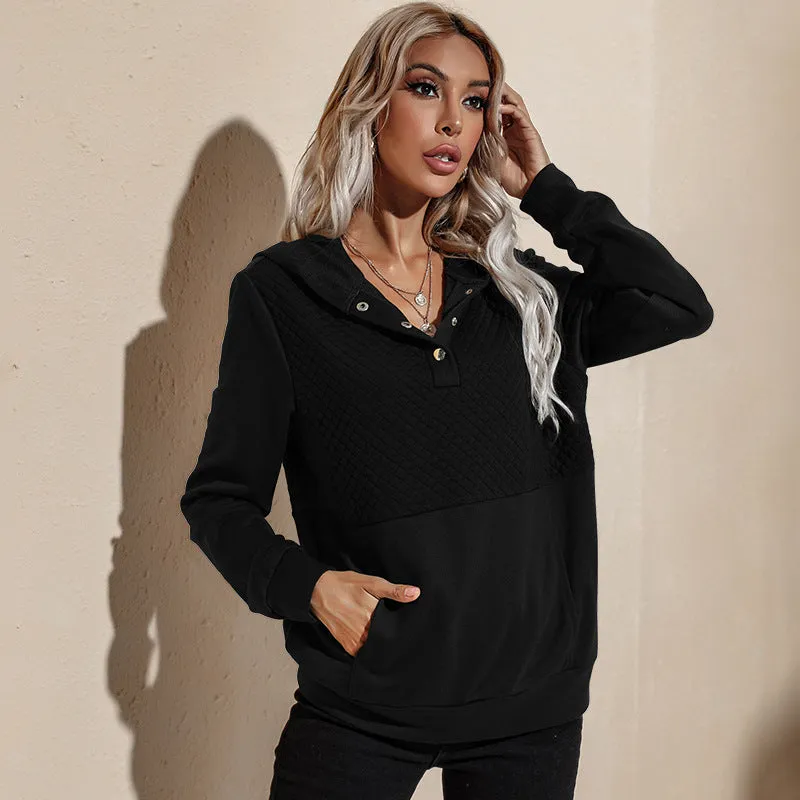 Quilted Panel Button-Up Long-Sleeve Hooded Sweatshirt