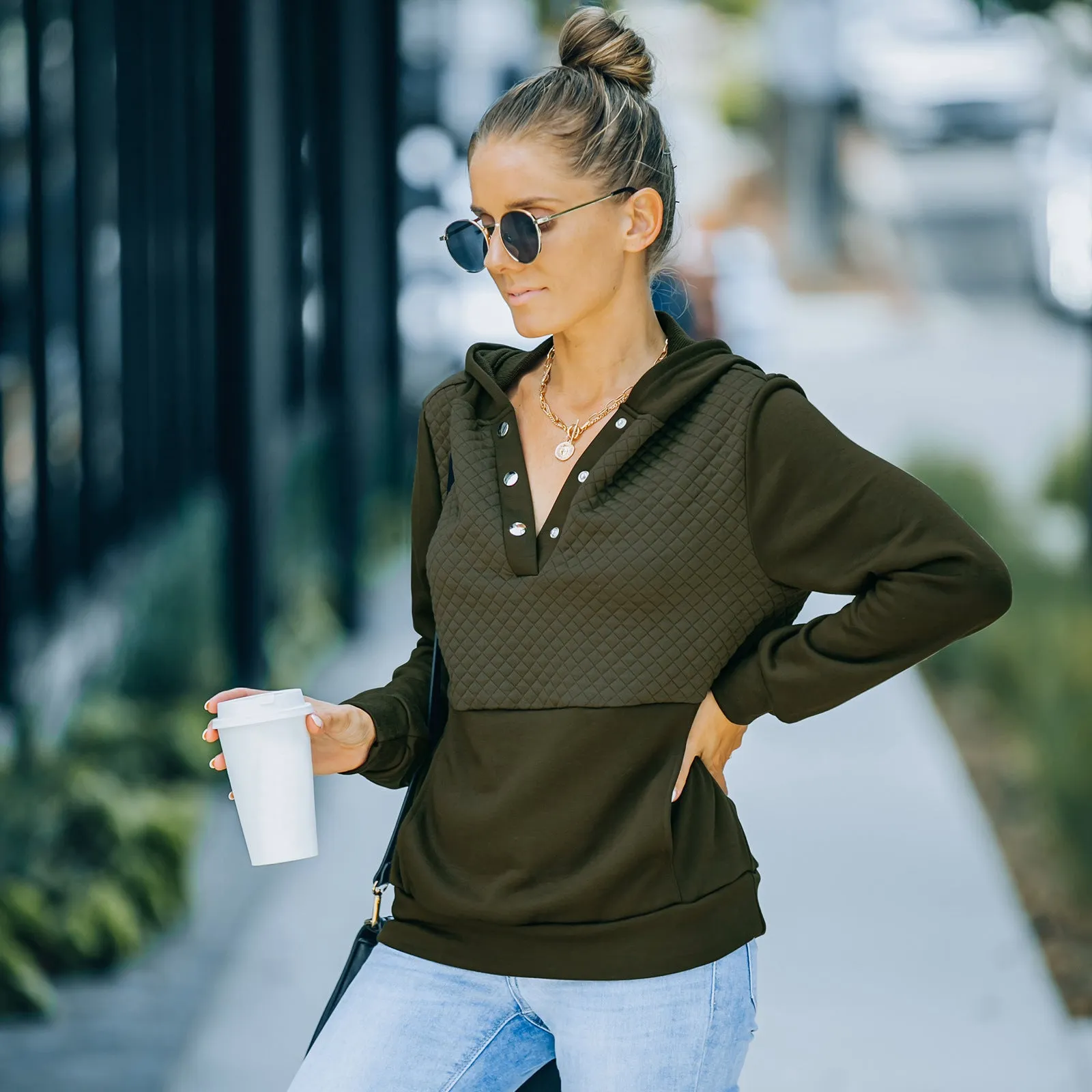 Quilted Panel Button-Up Long-Sleeve Hooded Sweatshirt