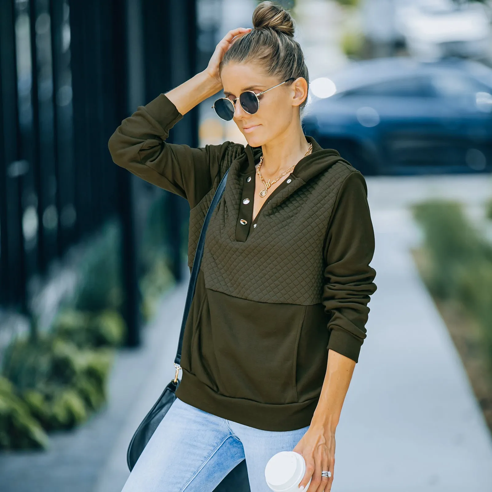 Quilted Panel Button-Up Long-Sleeve Hooded Sweatshirt