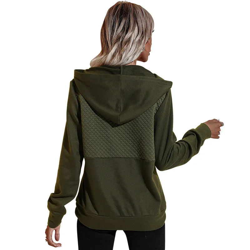 Quilted Panel Button-Up Long-Sleeve Hooded Sweatshirt