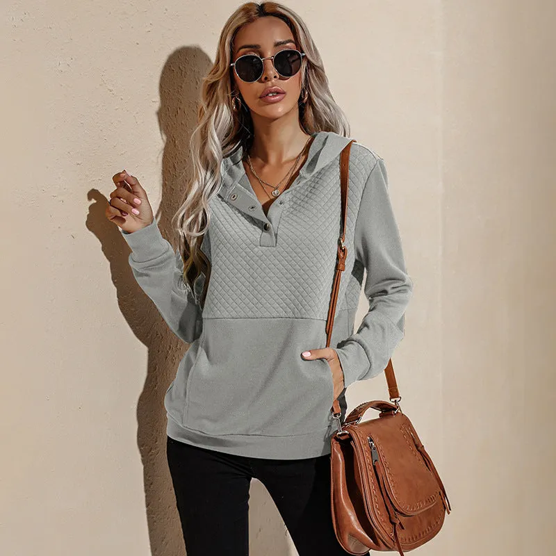 Quilted Panel Button-Up Long-Sleeve Hooded Sweatshirt