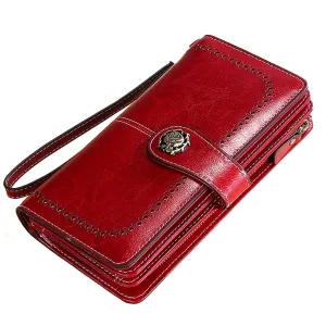 realaiot Vintage Style Long Wallet, Women's RFID Blocking Fold Wallet With Multiple Card Slots & Zipper Pocket