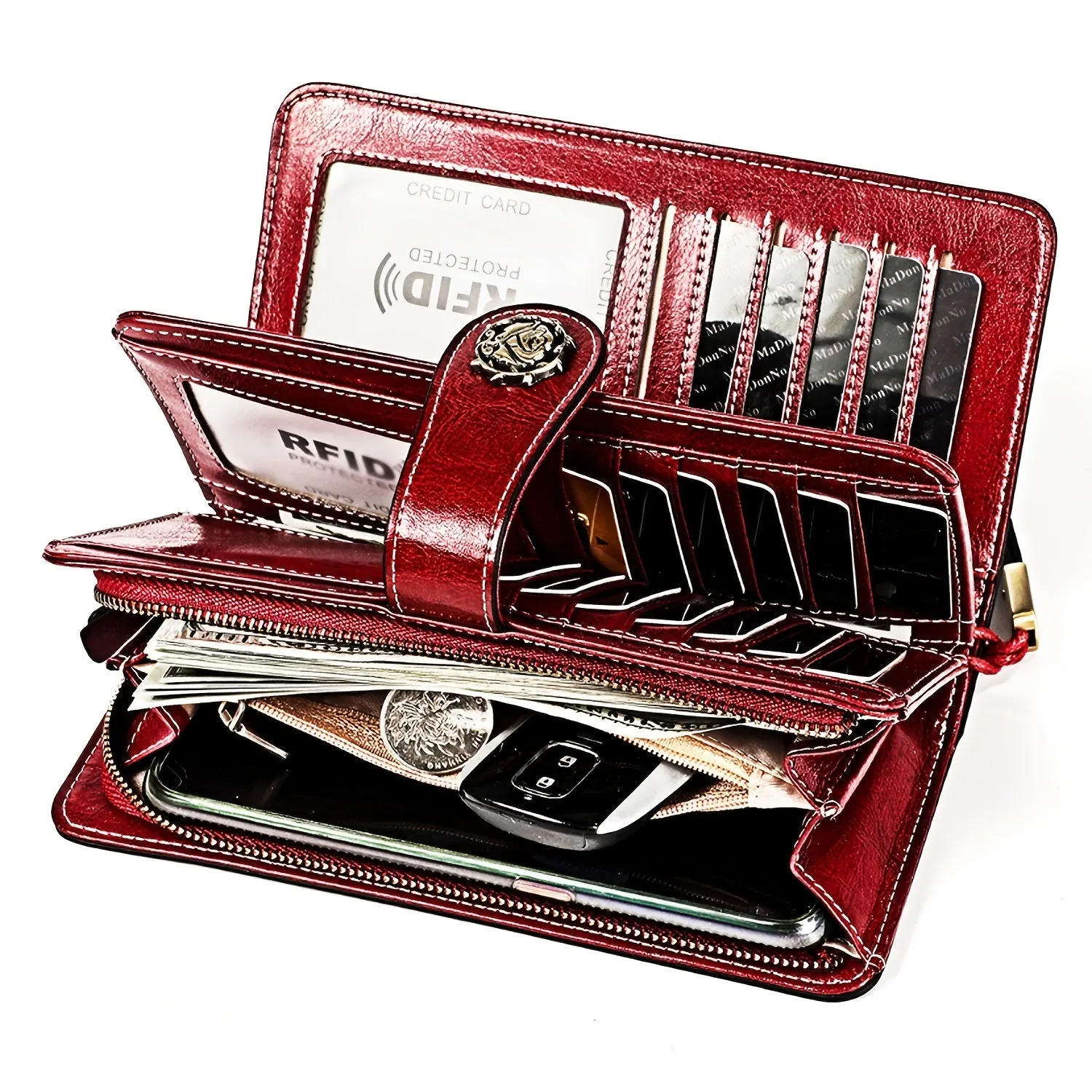 realaiot Vintage Style Long Wallet, Women's RFID Blocking Fold Wallet With Multiple Card Slots & Zipper Pocket