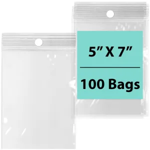 Resealable Plastic Bags with Hang Hole 2 Mil 5X7 Lock Seal Zipper Pack of 100 Bags