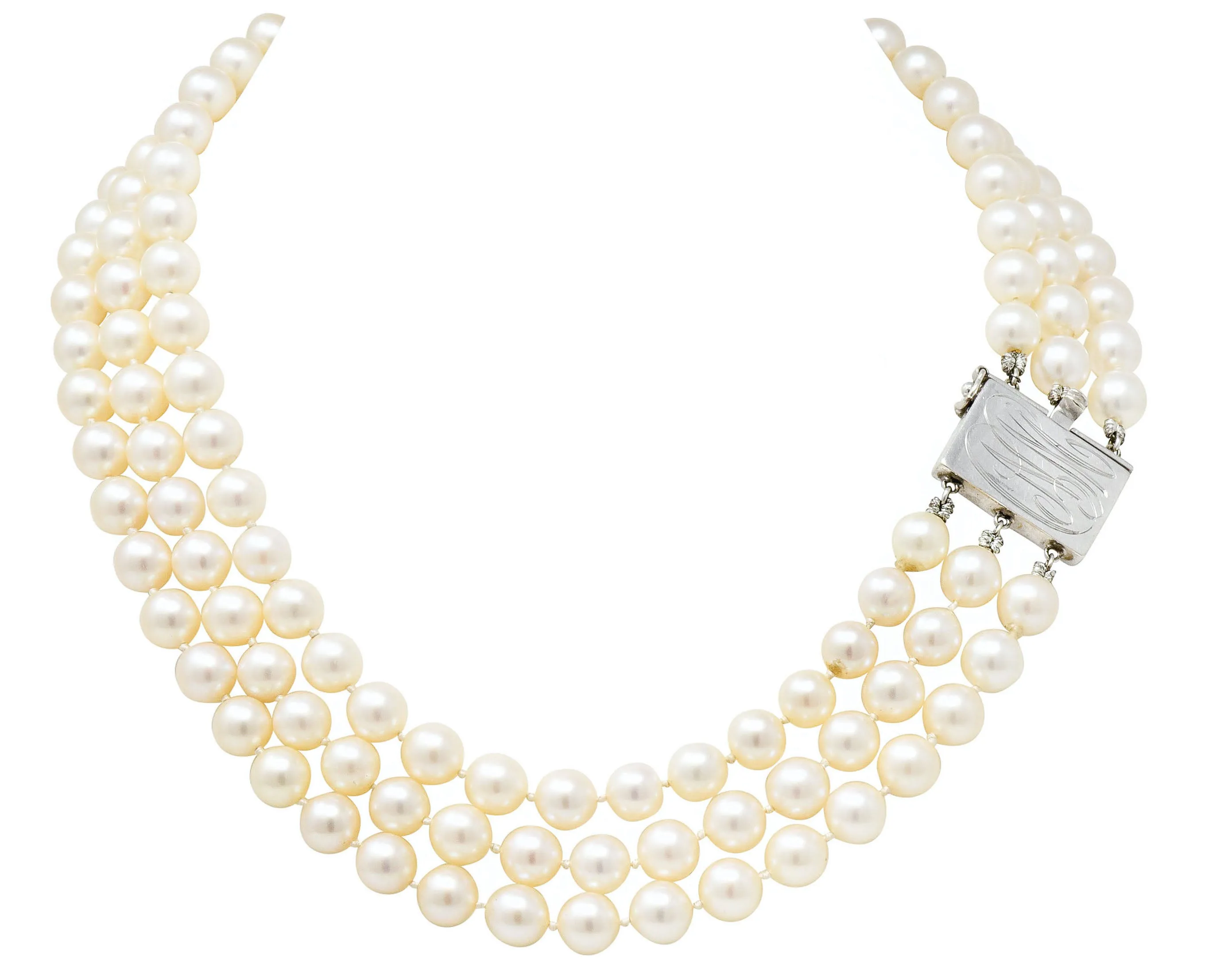 Retro 1.70 CTW Diamond Cultured Pearl 14 Karat White Gold Multi-Strand Necklace & Brooch