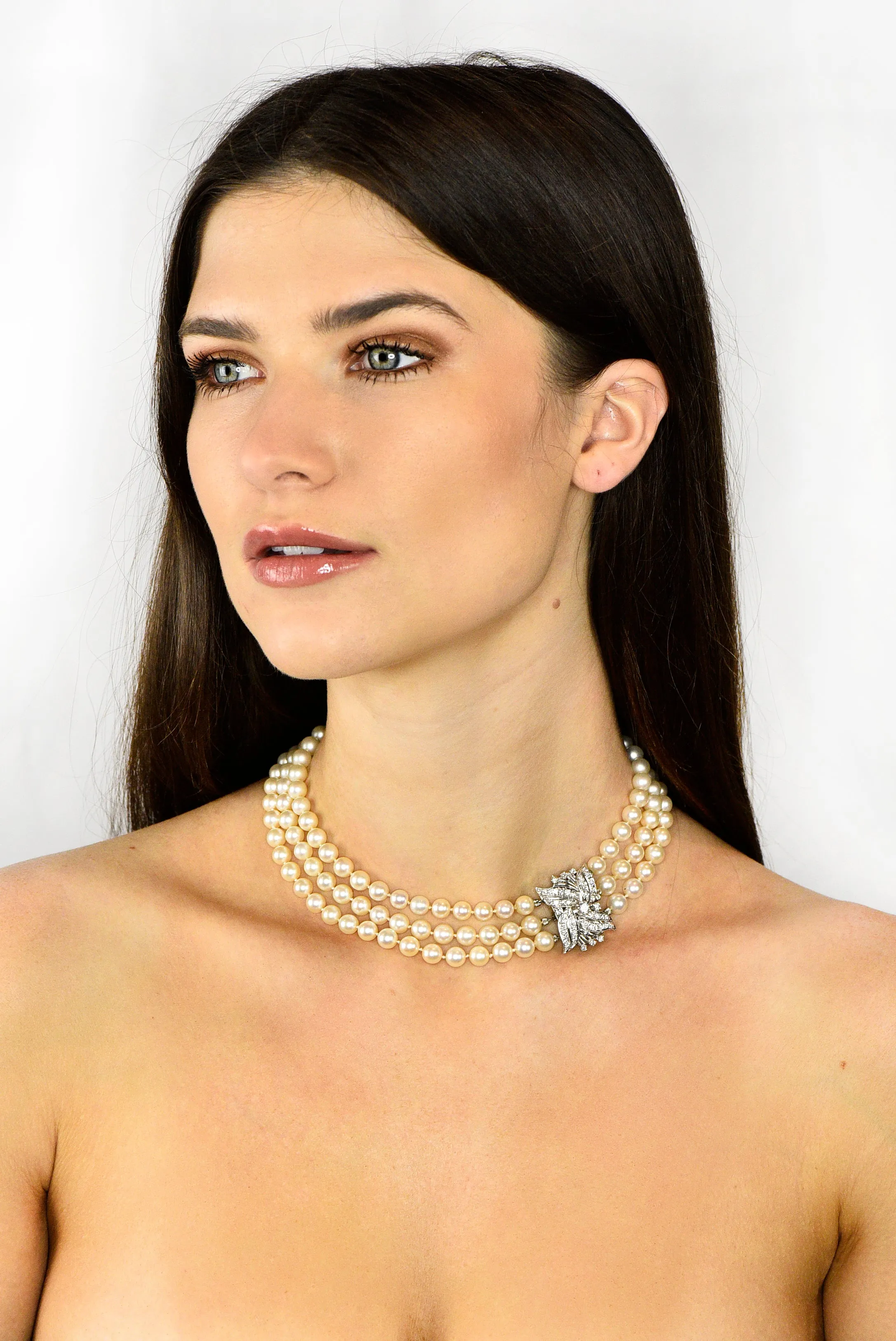Retro 1.70 CTW Diamond Cultured Pearl 14 Karat White Gold Multi-Strand Necklace & Brooch