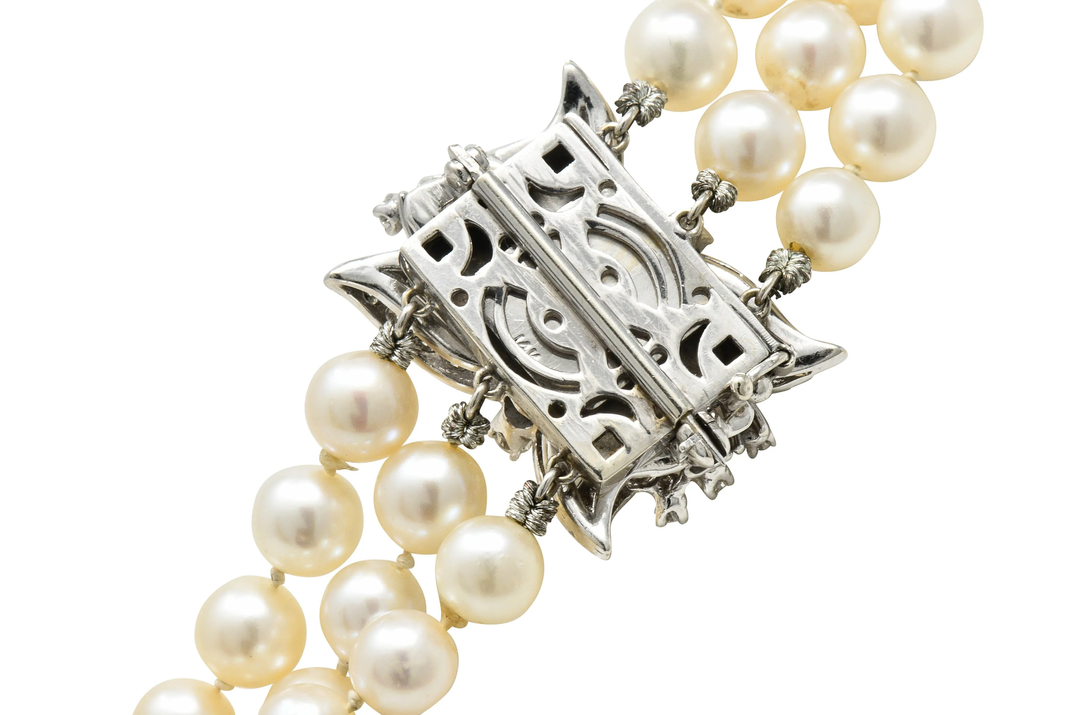 Retro 1.70 CTW Diamond Cultured Pearl 14 Karat White Gold Multi-Strand Necklace & Brooch
