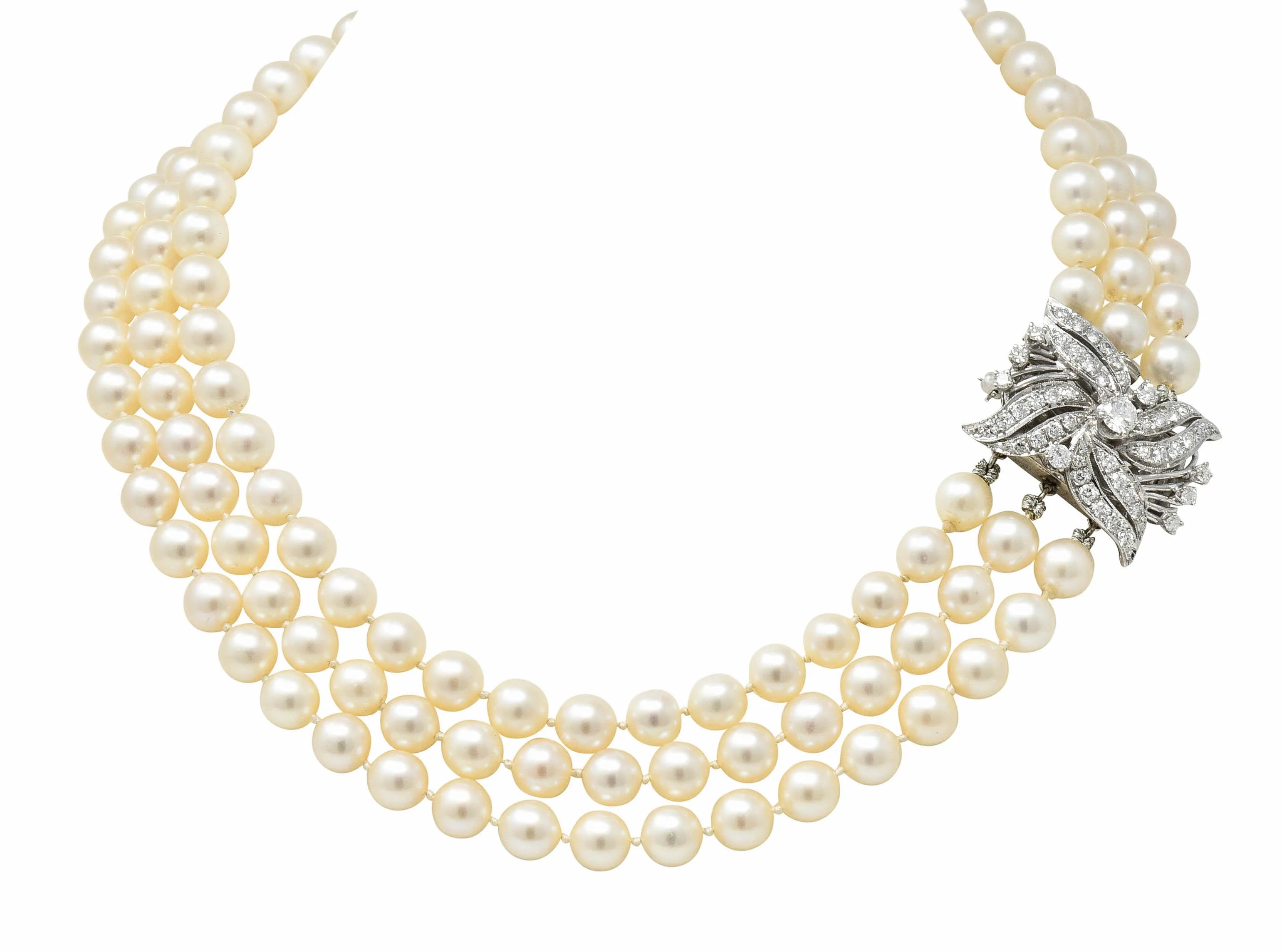 Retro 1.70 CTW Diamond Cultured Pearl 14 Karat White Gold Multi-Strand Necklace & Brooch