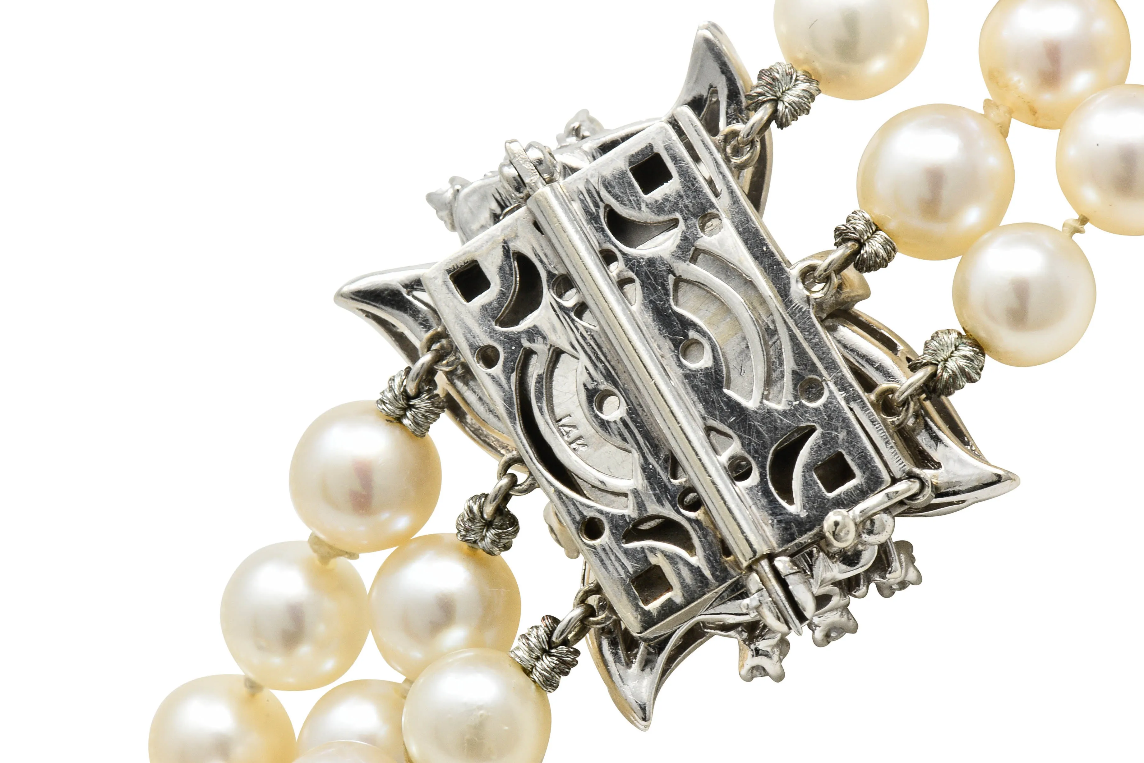 Retro 1.70 CTW Diamond Cultured Pearl 14 Karat White Gold Multi-Strand Necklace & Brooch