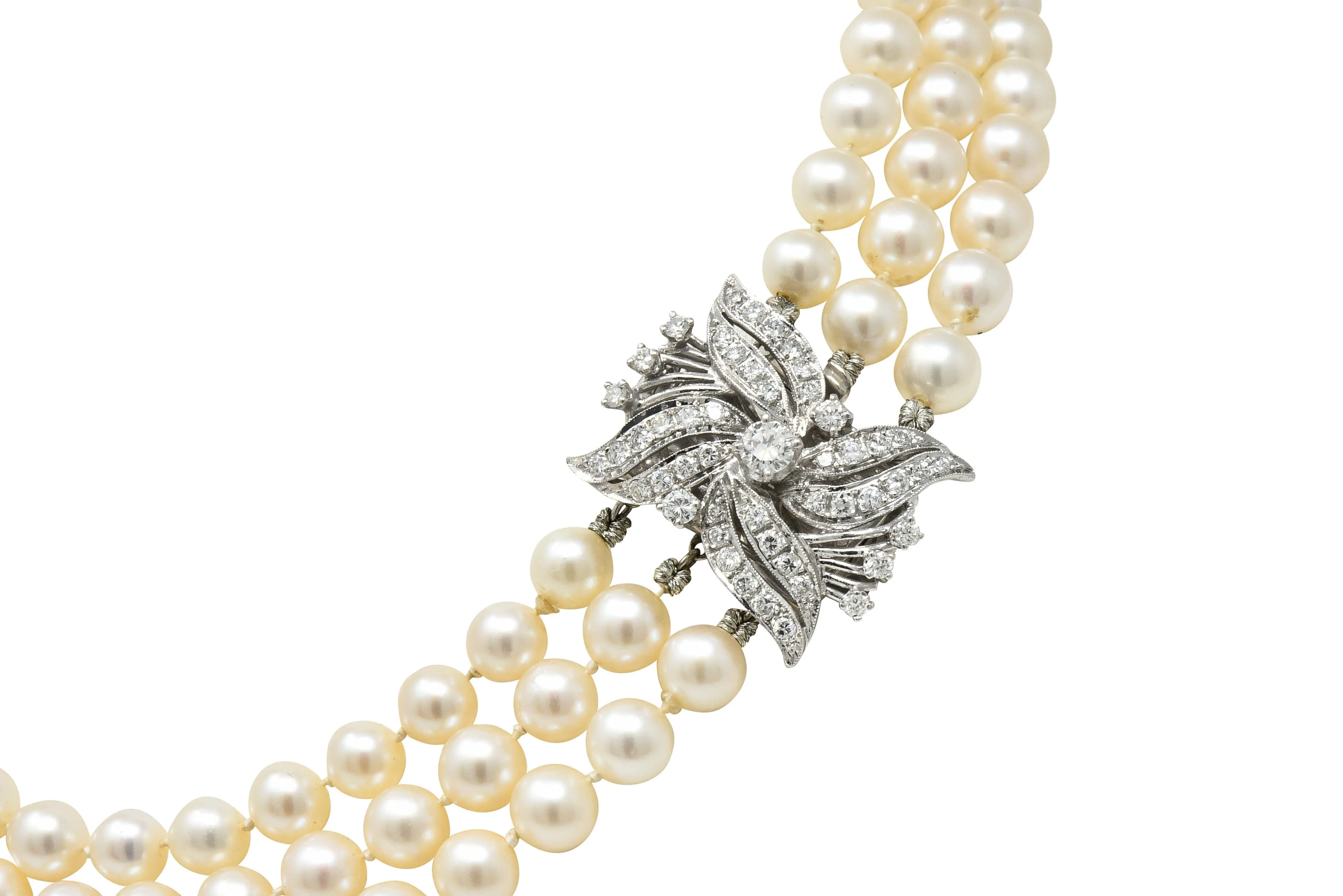 Retro 1.70 CTW Diamond Cultured Pearl 14 Karat White Gold Multi-Strand Necklace & Brooch