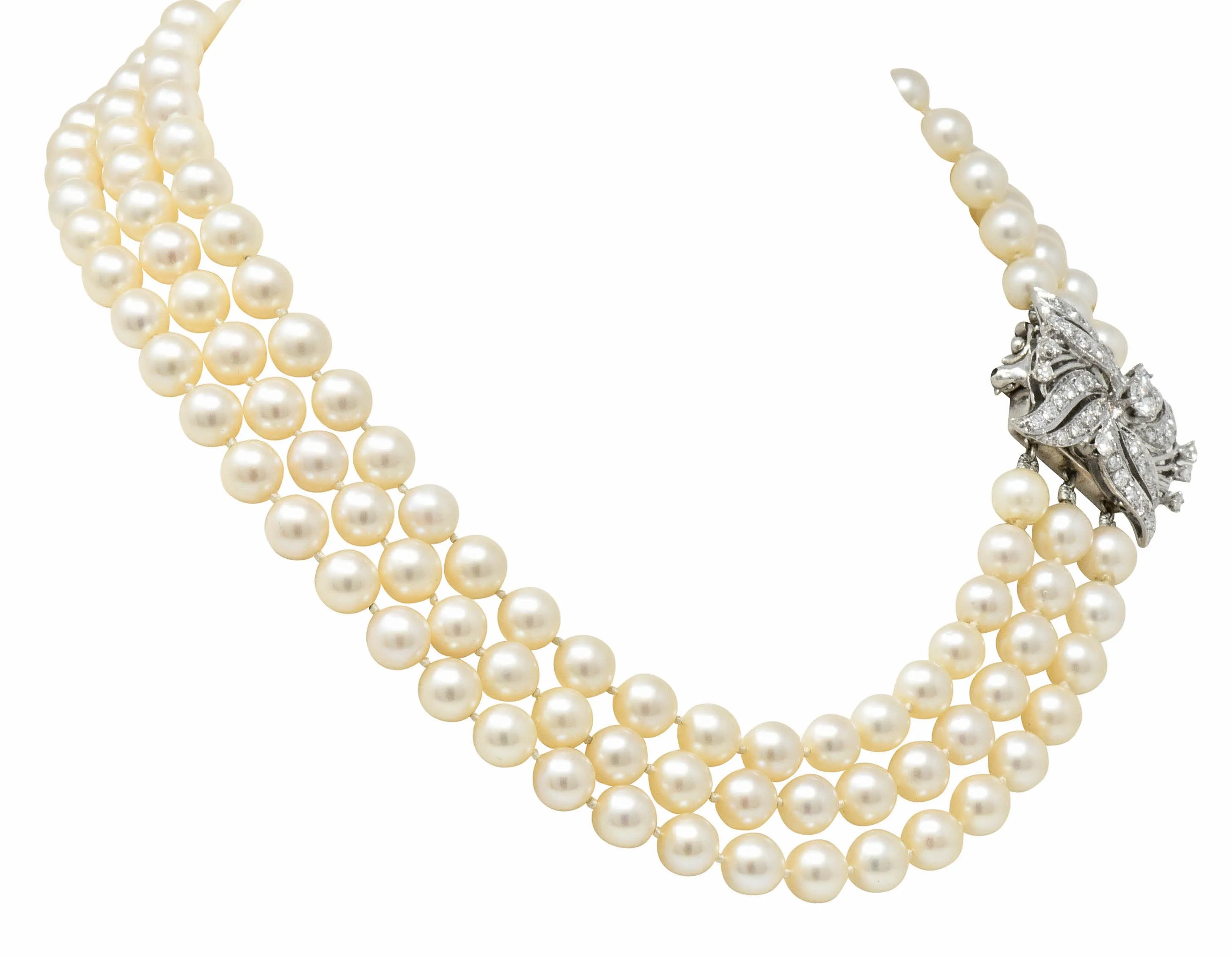 Retro 1.70 CTW Diamond Cultured Pearl 14 Karat White Gold Multi-Strand Necklace & Brooch