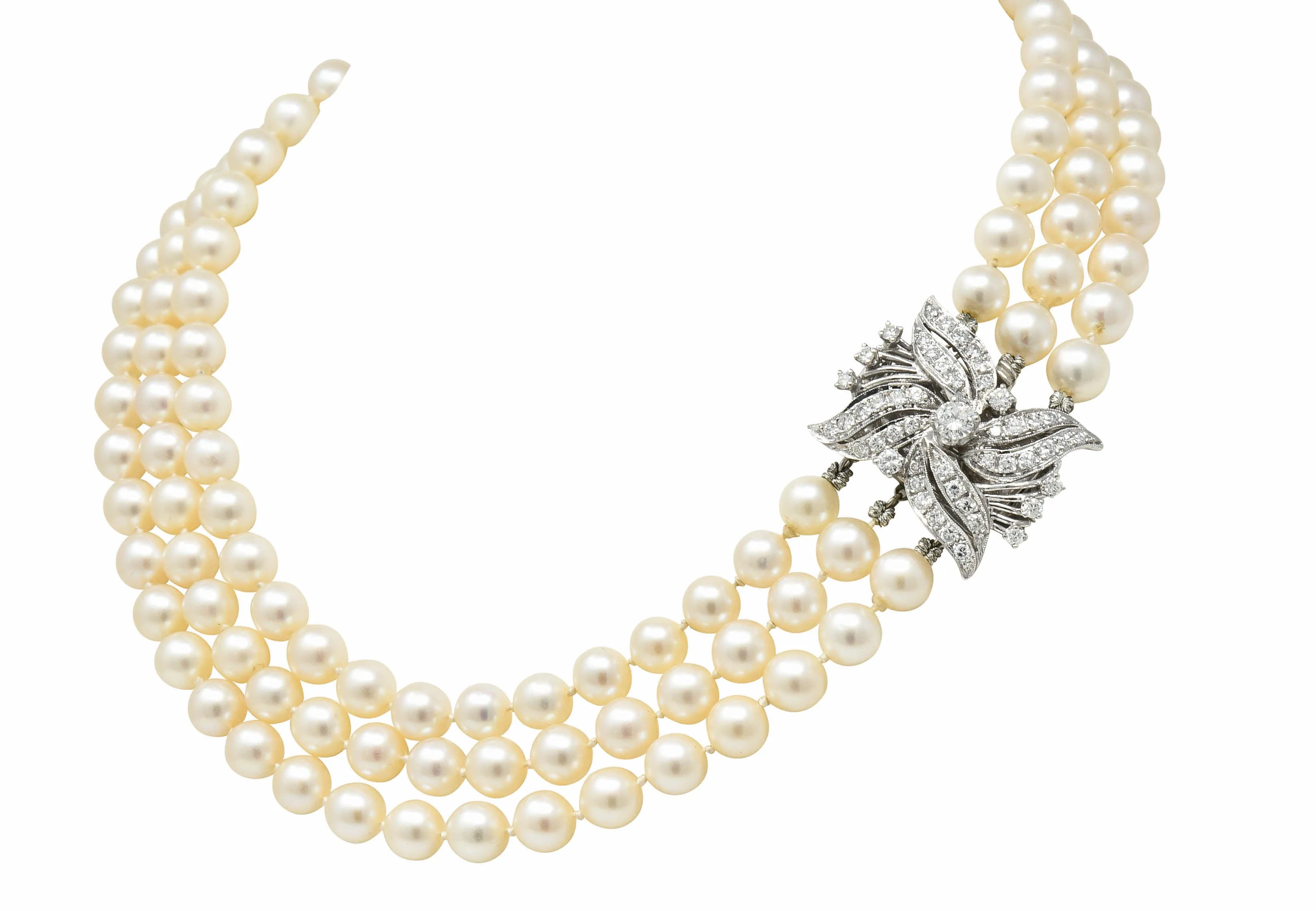 Retro 1.70 CTW Diamond Cultured Pearl 14 Karat White Gold Multi-Strand Necklace & Brooch