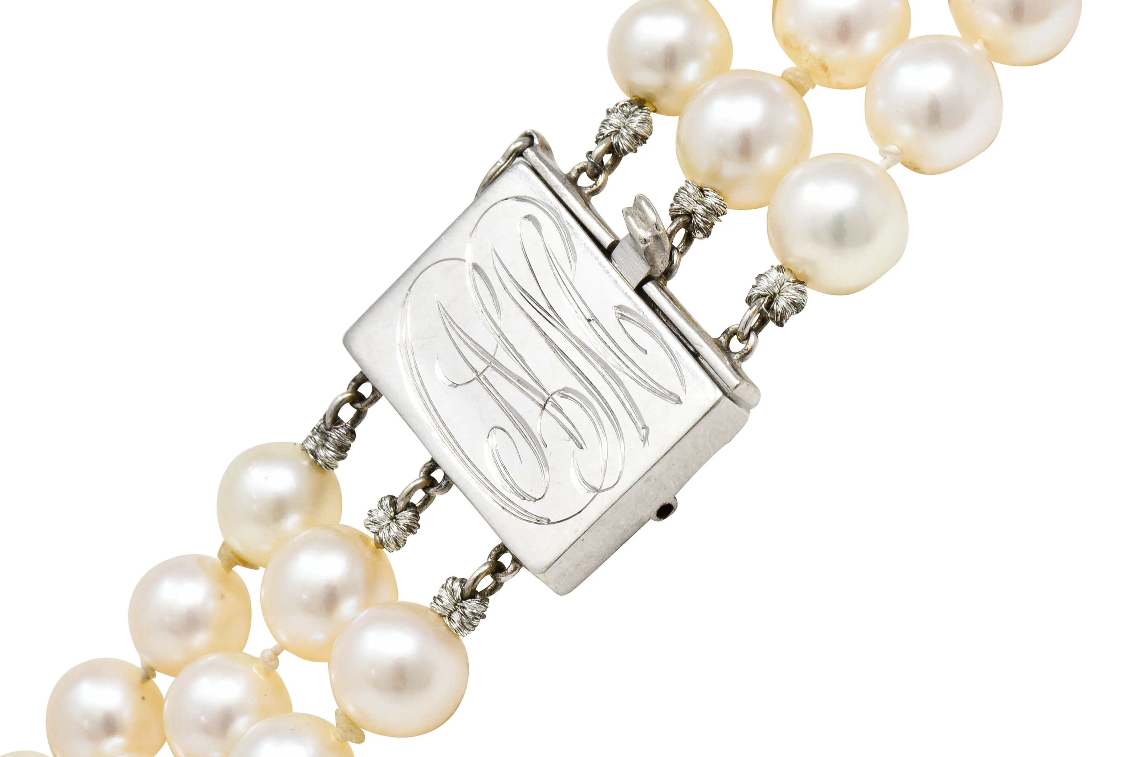 Retro 1.70 CTW Diamond Cultured Pearl 14 Karat White Gold Multi-Strand Necklace & Brooch