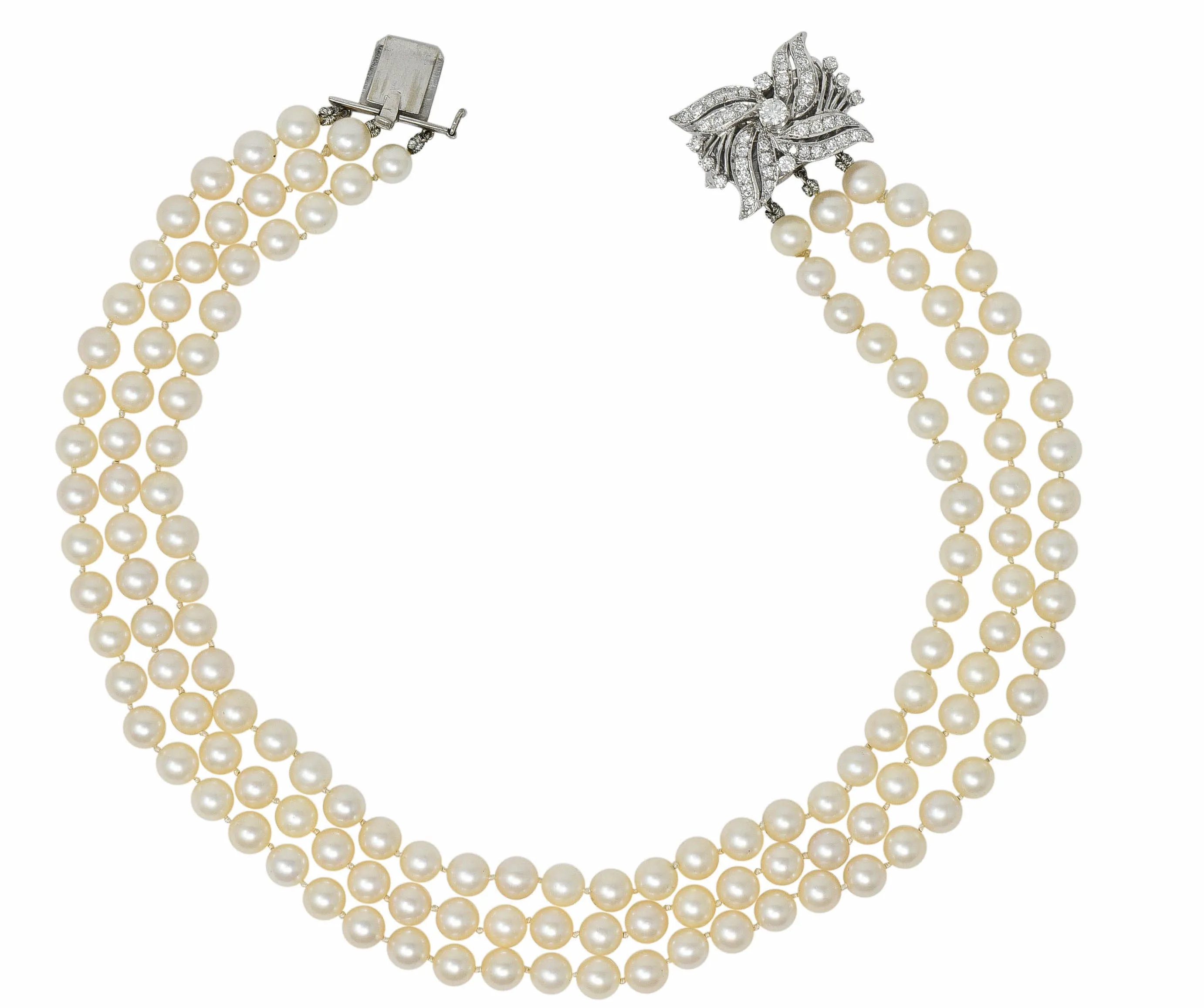 Retro 1.70 CTW Diamond Cultured Pearl 14 Karat White Gold Multi-Strand Necklace & Brooch