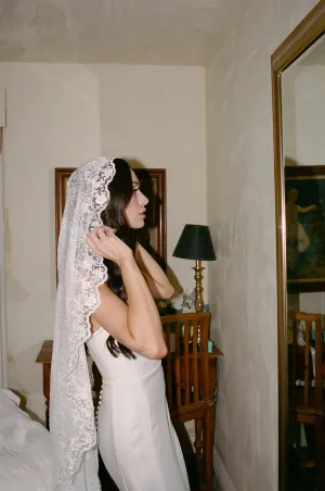 Romantic Floral Lace Mantilla Wedding Veil, Fingertip Length in Light Ivory