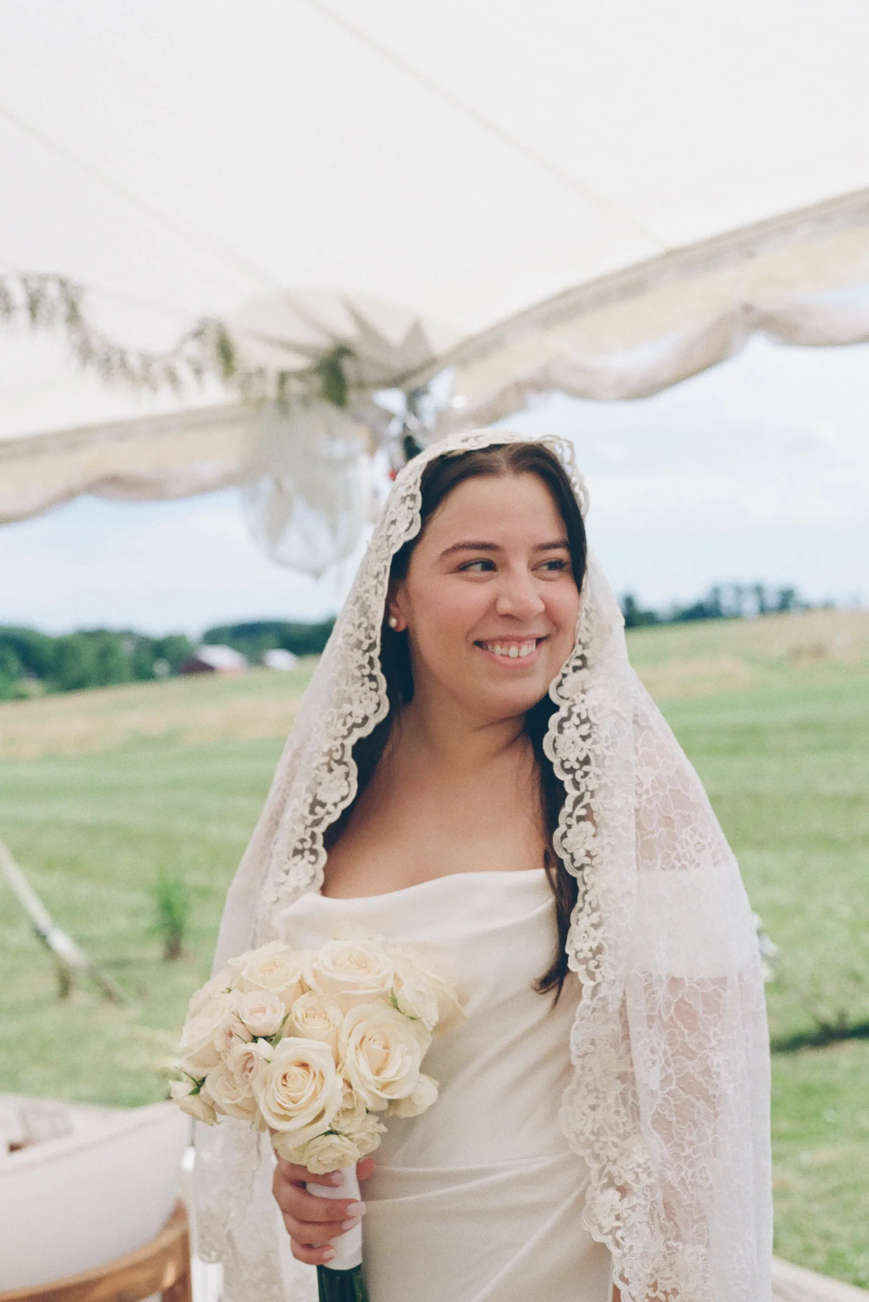 Romantic Floral Lace Mantilla Wedding Veil, Fingertip Length in Light Ivory