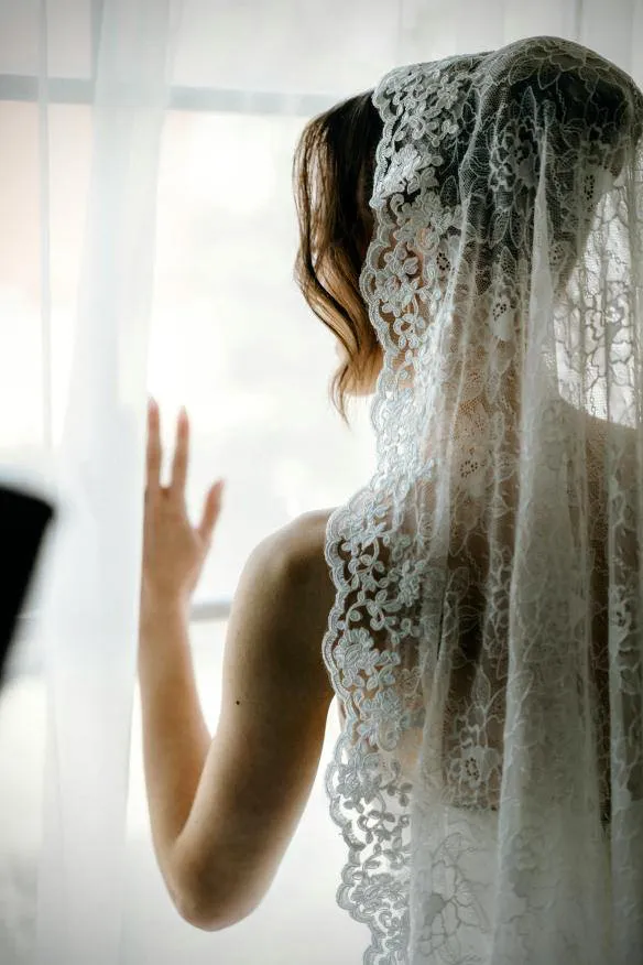 Romantic Floral Lace Mantilla Wedding Veil, Fingertip Length in Light Ivory