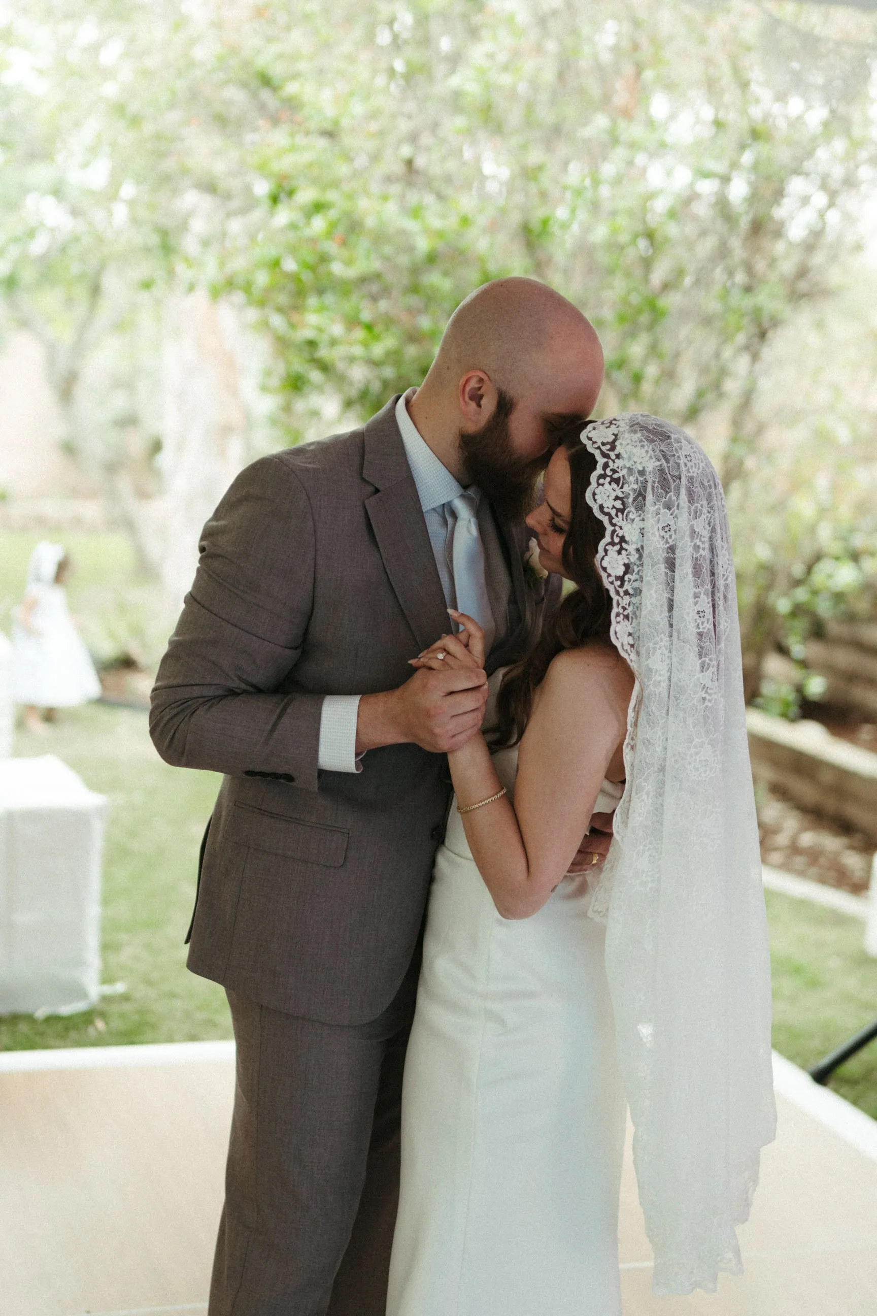 Romantic Floral Lace Mantilla Wedding Veil, Fingertip Length in Light Ivory