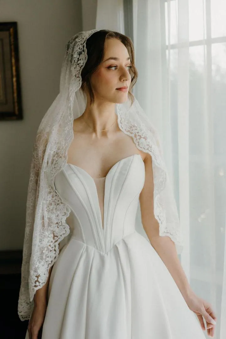 Romantic Floral Lace Mantilla Wedding Veil, Fingertip Length in Light Ivory