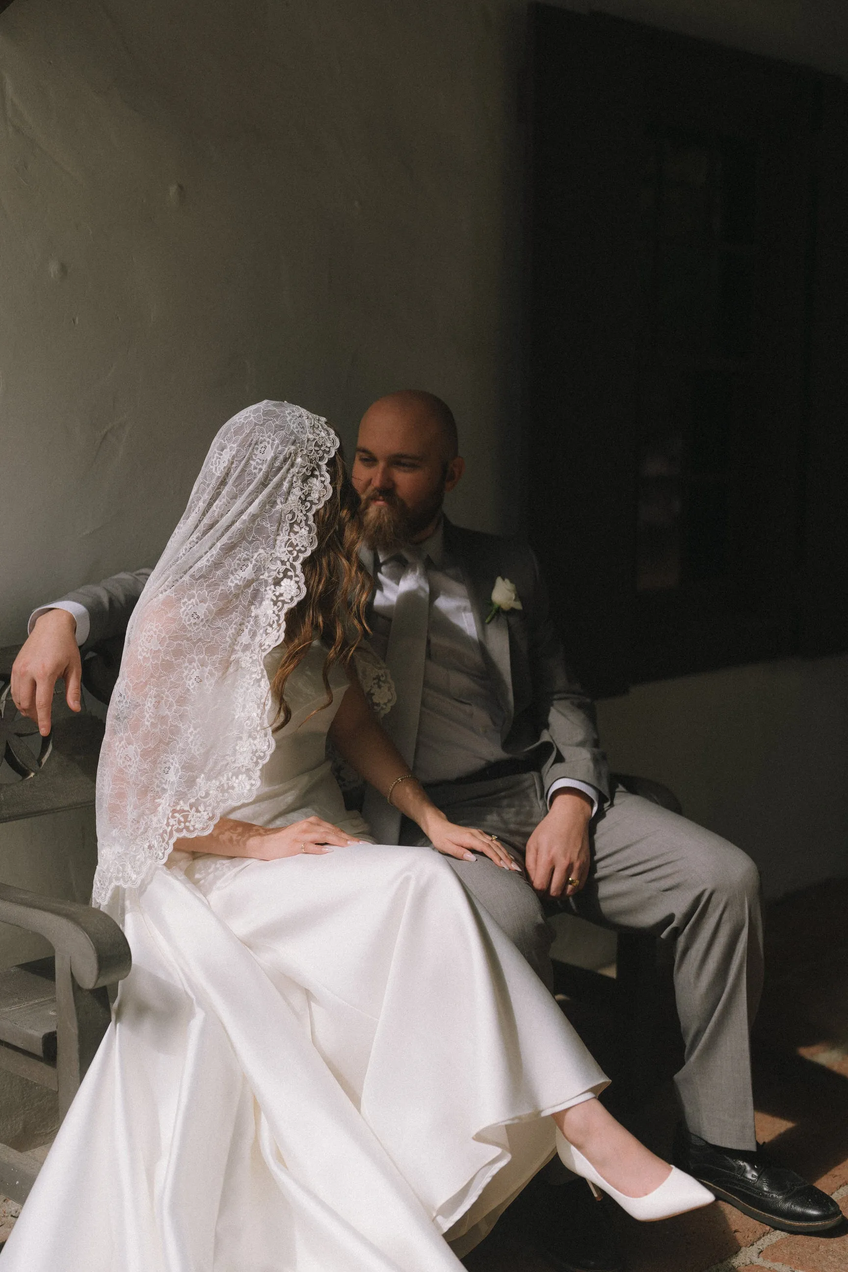 Romantic Floral Lace Mantilla Wedding Veil, Fingertip Length in Light Ivory