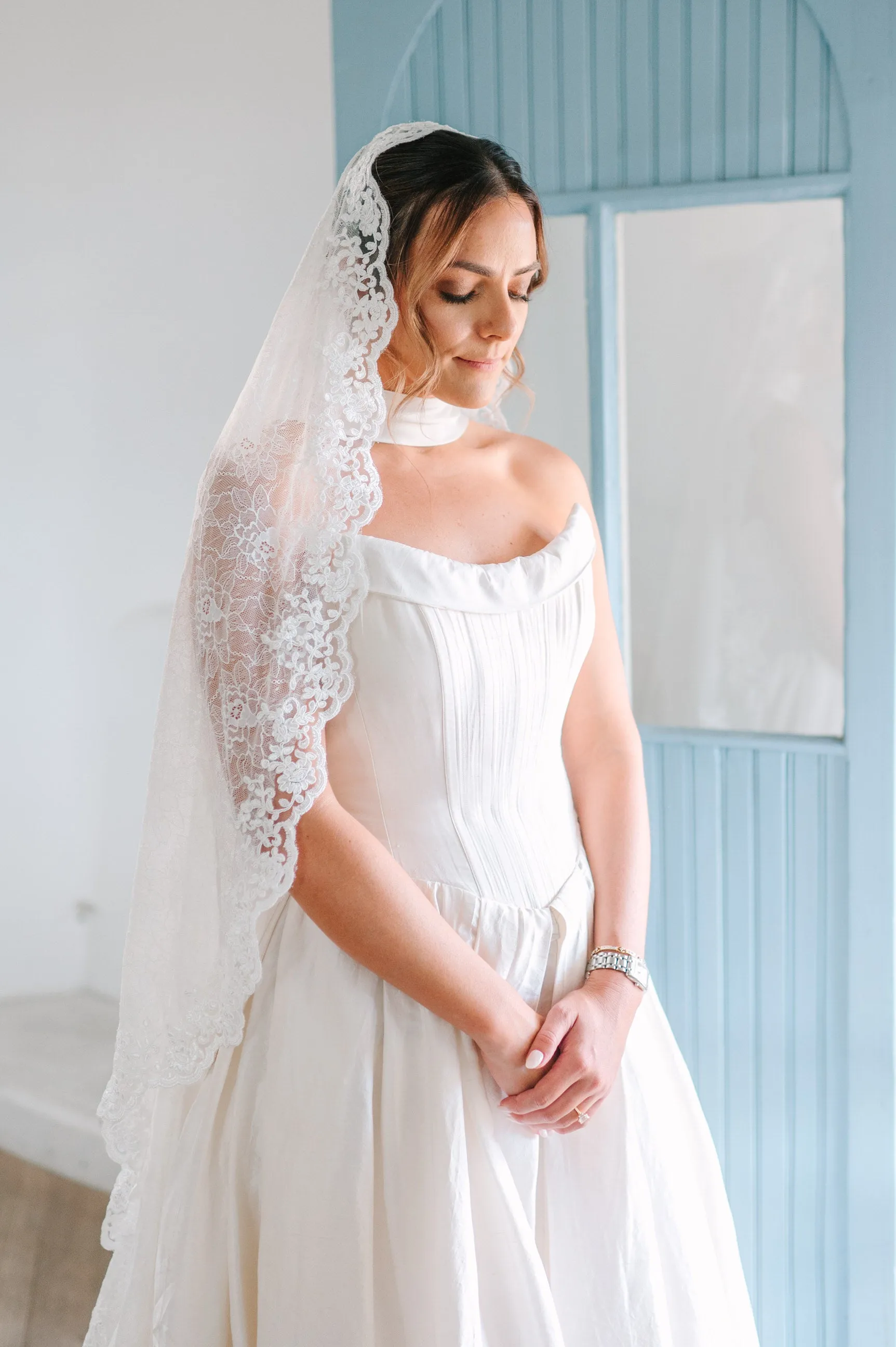 Romantic Floral Lace Mantilla Wedding Veil, Fingertip Length in Light Ivory
