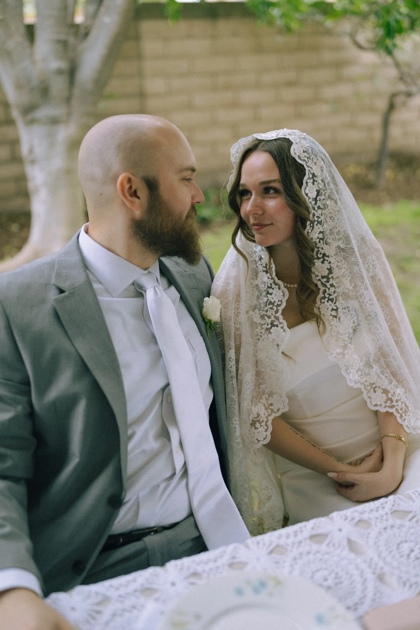 Romantic Floral Lace Mantilla Wedding Veil, Fingertip Length in Light Ivory
