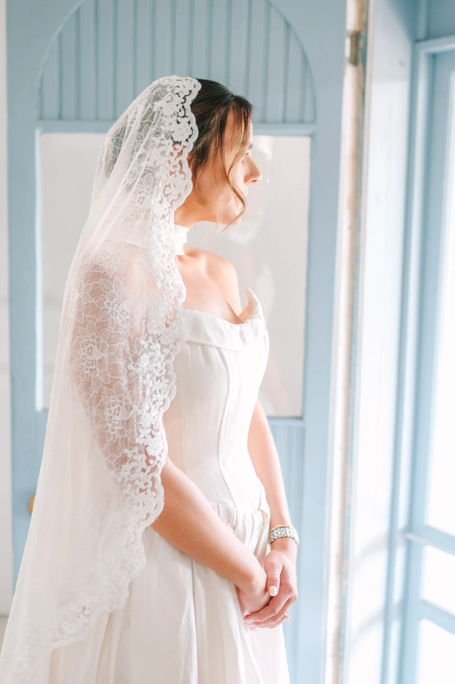 Romantic Floral Lace Mantilla Wedding Veil, Fingertip Length in Light Ivory