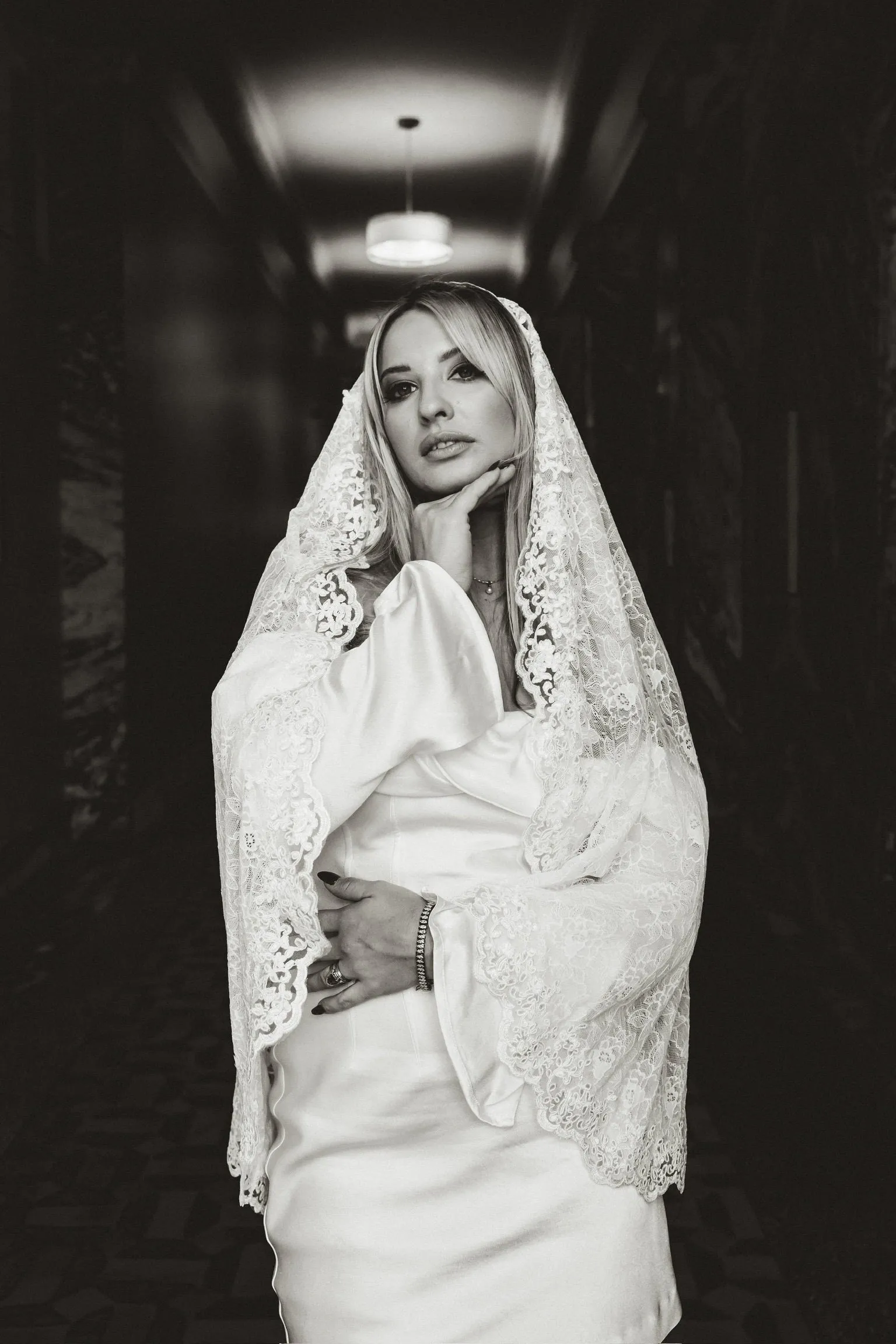 Romantic Floral Lace Mantilla Wedding Veil, Fingertip Length in Light Ivory