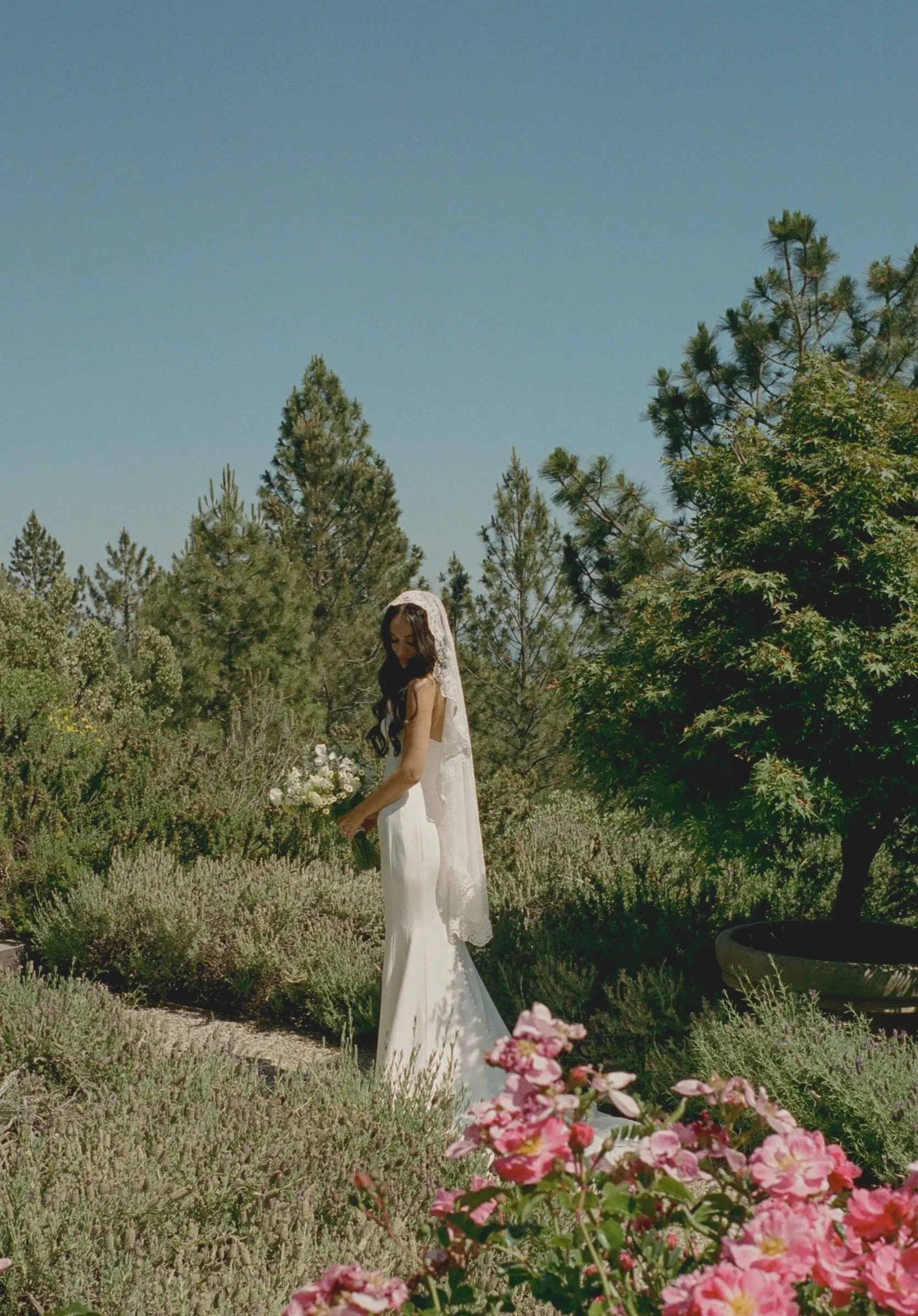 Romantic Floral Lace Mantilla Wedding Veil, Fingertip Length in Light Ivory
