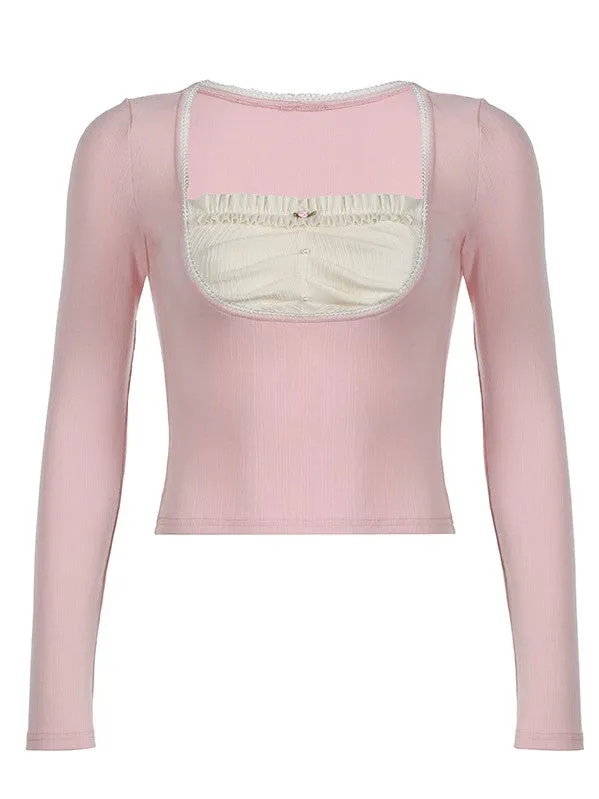 Rüschen Perlen Patchwork Zweiteiler Optik Stricktop