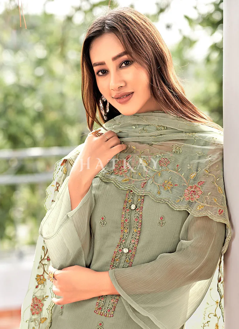 Sage Green Floral Embroidered Pakistani Suit