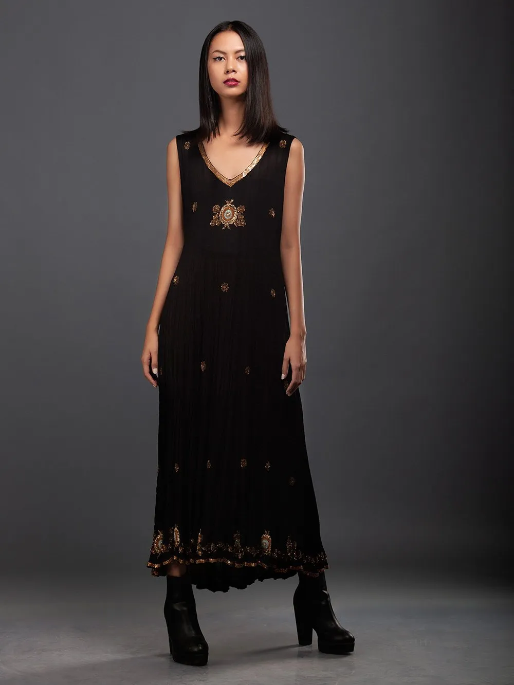 Sanskar by Sonam Dubal - Black And Gold Vintage Rose Embroidery Crush Dress