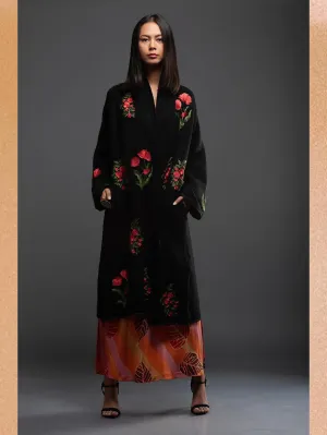 Sanskar by Sonam Dubal - Black Orange Floral Embroidery Boiled Wool Cape