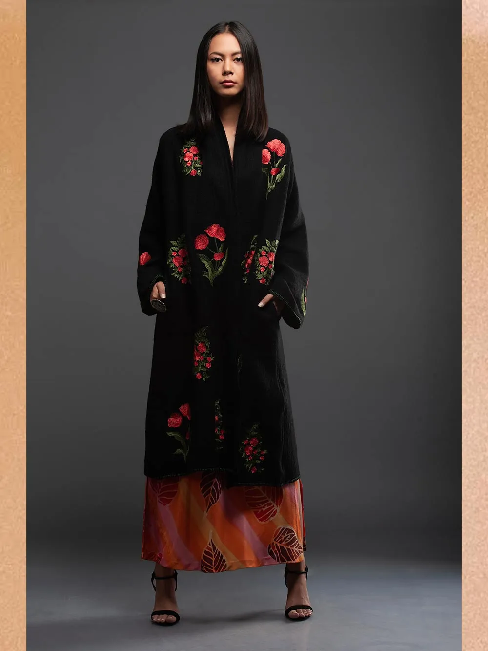 Sanskar by Sonam Dubal - Black Orange Floral Embroidery Boiled Wool Cape