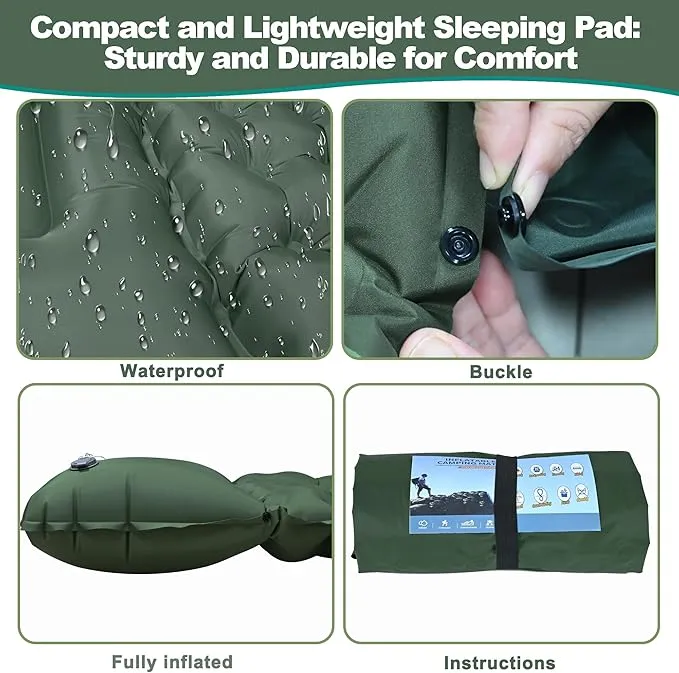 Self-Inflating Sleeping Mats for Camping, Camping Sleeping Pad for Camping, Ultralight Camping Mat with Pillow Built-in Foot Pump Inflatable Sleeping Pads Compact for Camping, Backpacking( Army Green)