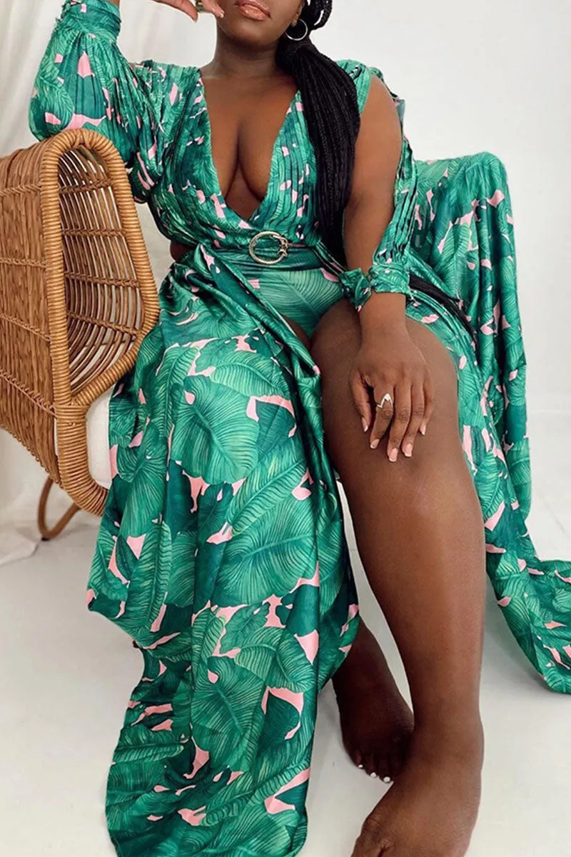 Sexy Print Hollowed Out Backless V Neck Asymmetrical Dresses