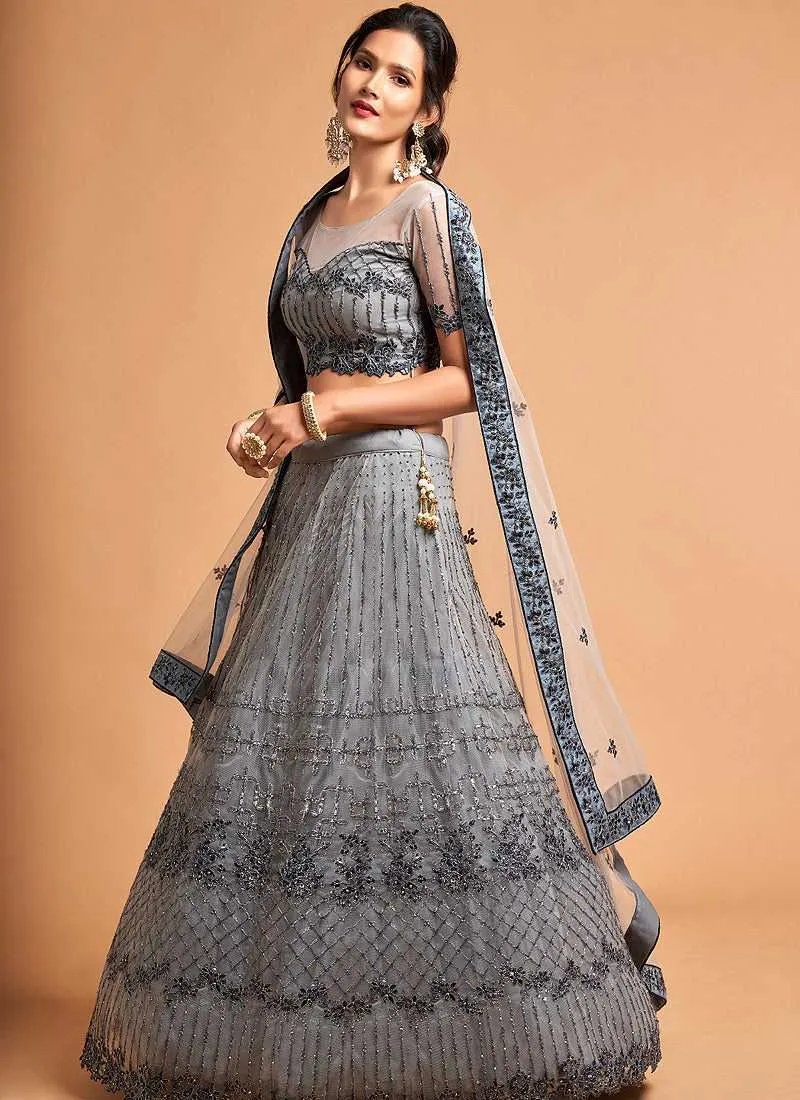 Silver Grey Floral Heavy Embroidered Designer Lehenga Choli