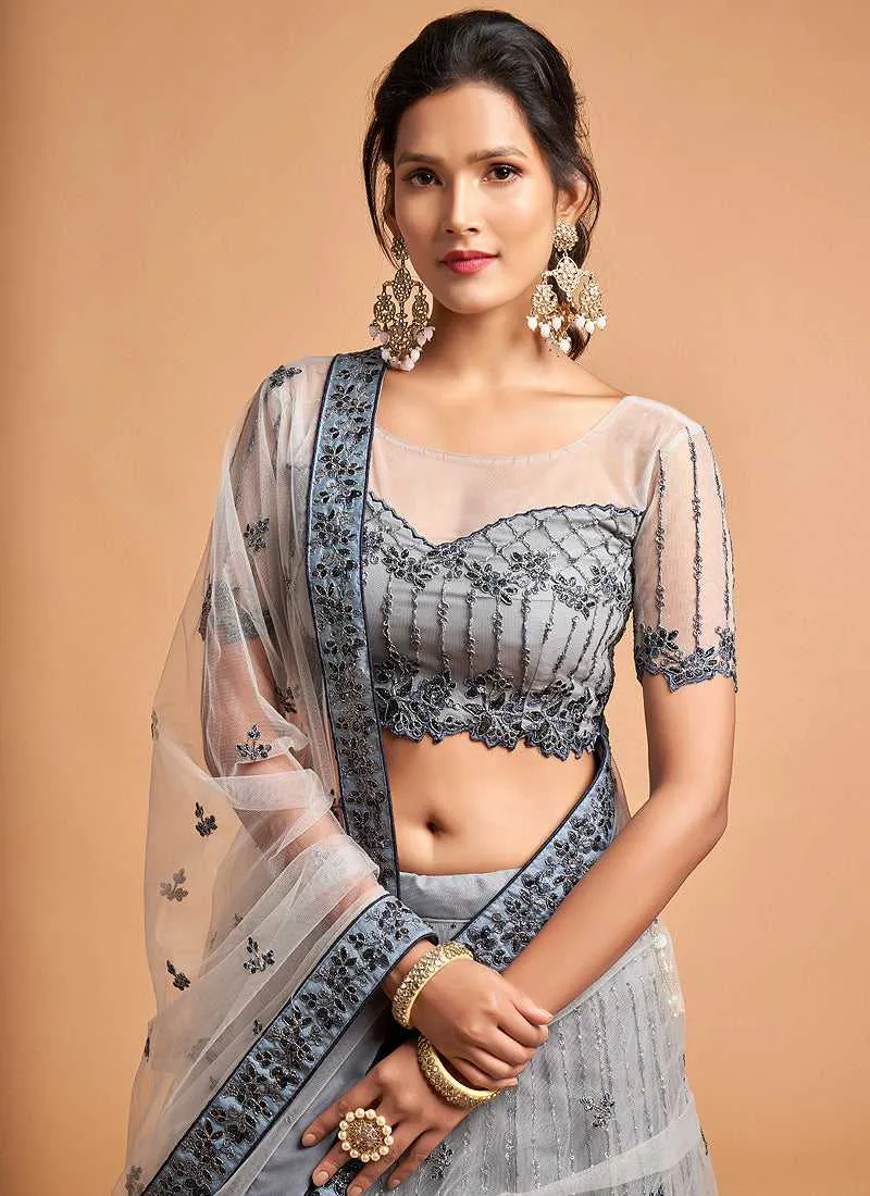 Silver Grey Floral Heavy Embroidered Designer Lehenga Choli