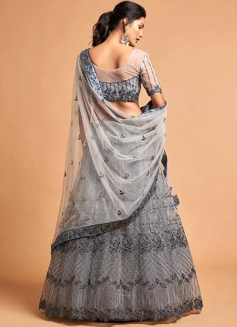 Silver Grey Floral Heavy Embroidered Designer Lehenga Choli